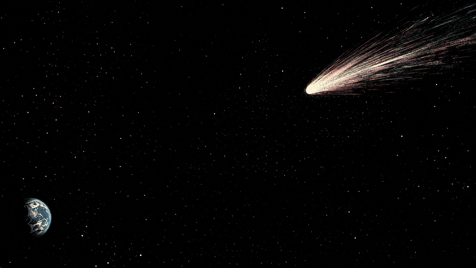 The comet passing at a vast distance, Earth small at the frame's edge