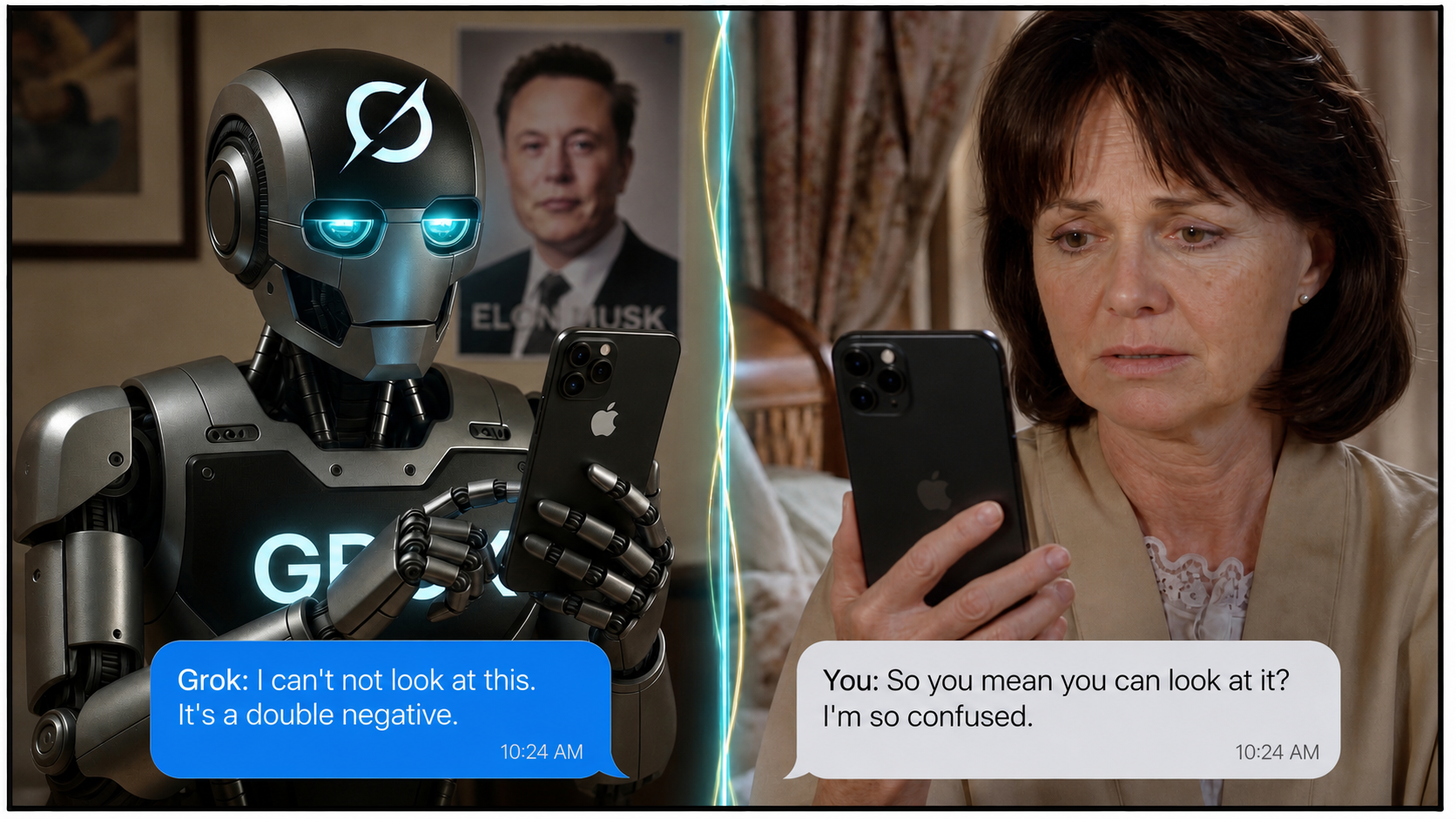 Split-panel meme: a robot texting 'I can't not look at this. It's a double negative.' and a woman replying 'So you mean you can look at it? I'm so confused.'