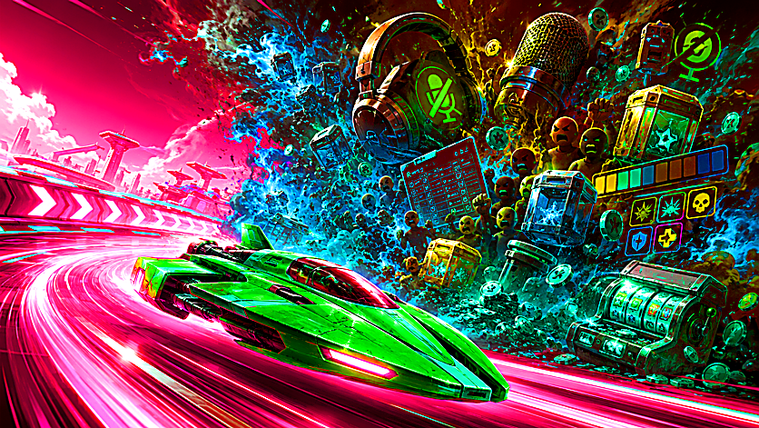 Neon hovercraft racing away from a storm of microphones, loot crates and slot machines