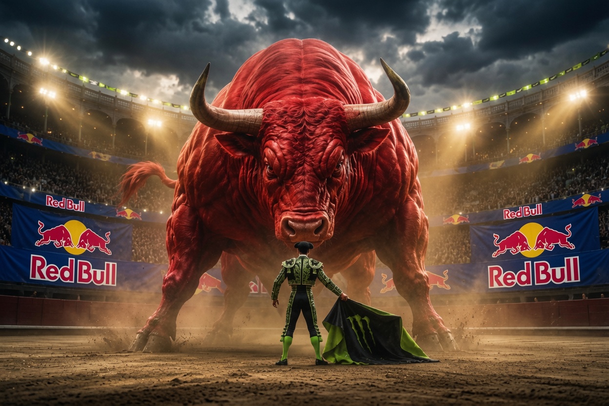 A colossal red bull faces a lone matador in a Monster-green cape