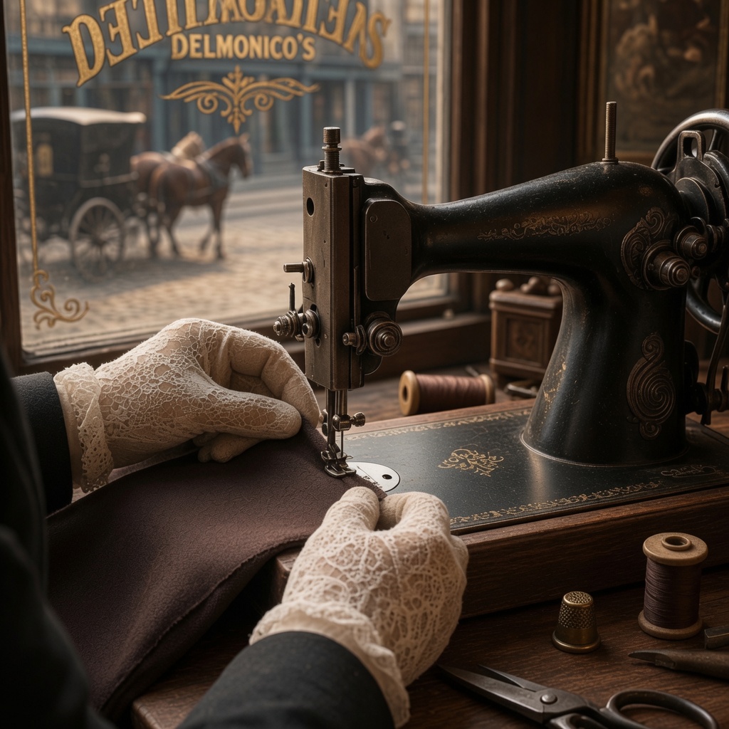 Gloved hands guiding cloth beneath a machine needle, a shopfront window beyond