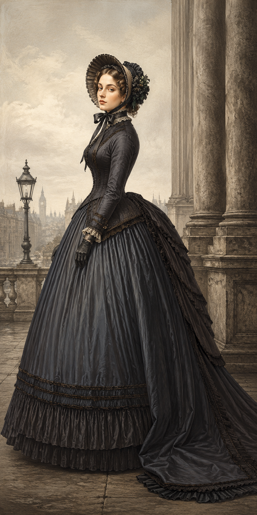 The Victorian lady — full length, bonnet and crinoline silhouette