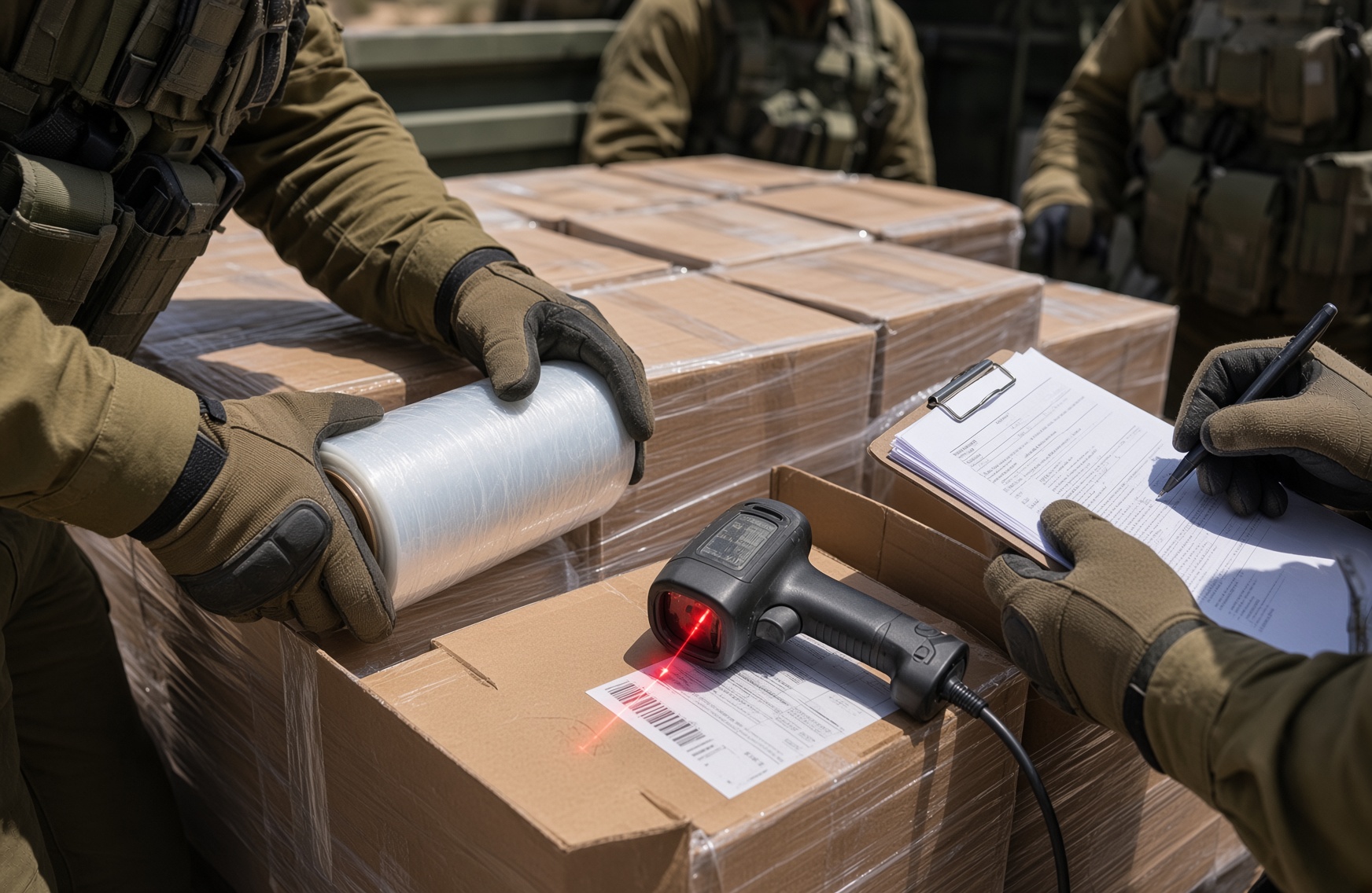 Gloved hands slitting shrink-wrap on a pallet while a barcode scanner reads a carton label and a clipboard manifest is signed