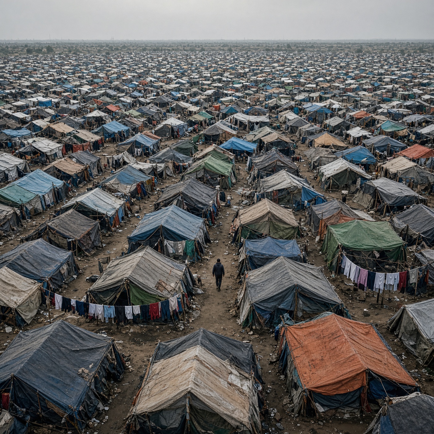 Aerial view of a makeshift tarpaulin encampment stretching to the horizon, laundry lines strung between tents, a single figure walking between the rows