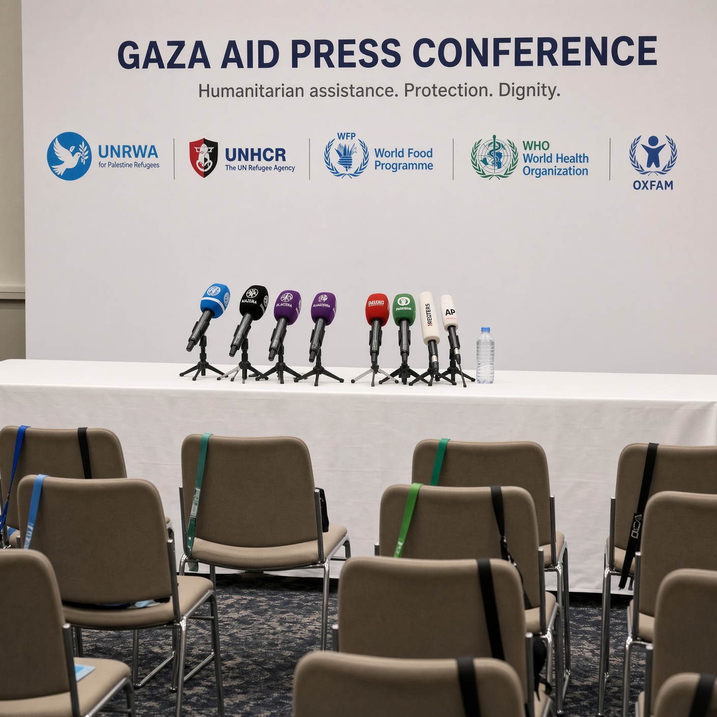 A row of press microphones on an empty table before a Gaza aid press-conference backdrop bearing UN and NGO agency logos, half the seats unfilled