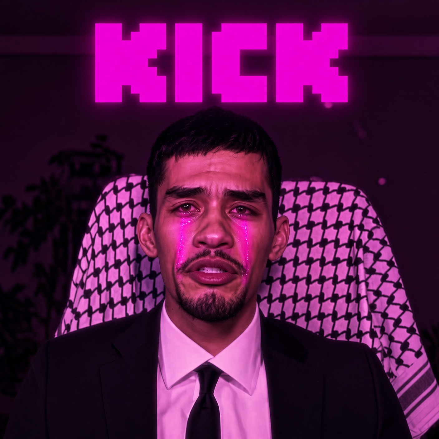 A streamer in a suit weeping magenta tears beneath a neon KICK sign