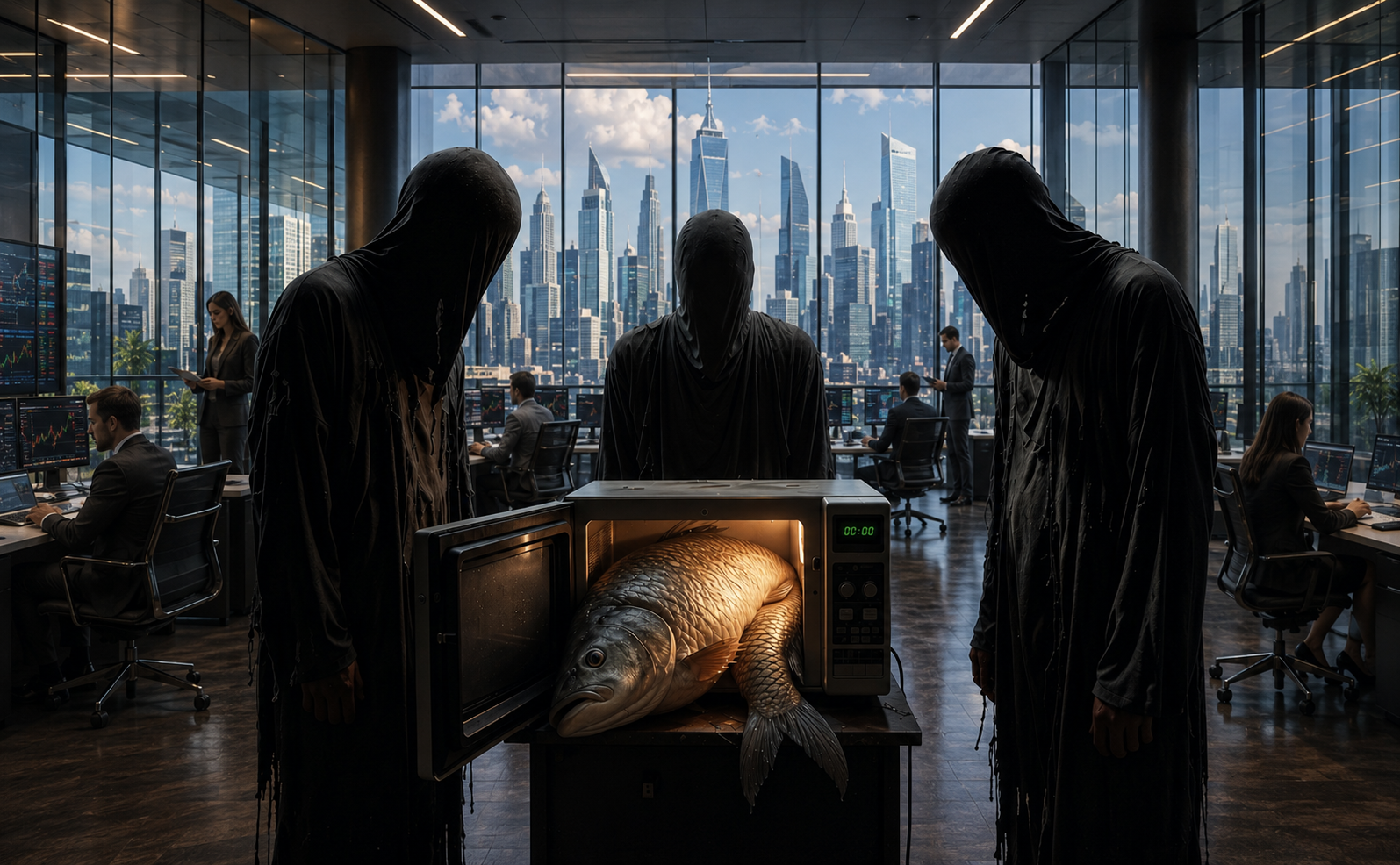 Three hooded figures standing around an open microwave containing a whole fish, in a glass-walled office floor