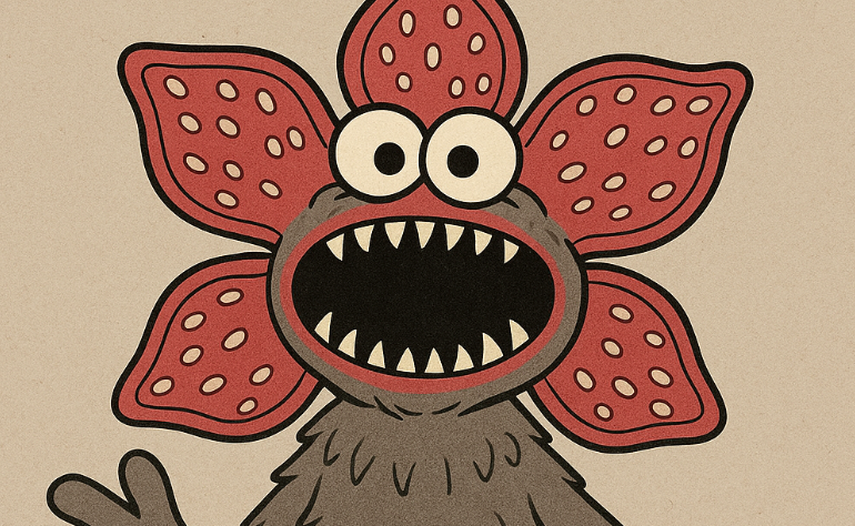 Illustration of a wide-mouthed, petal-faced creature drawn in the flat, friendly style of a children's television puppet.