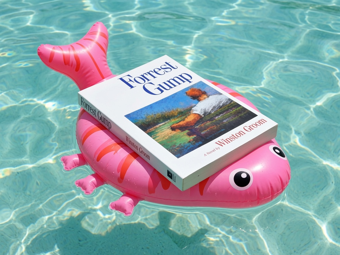 Winston Groom's novel Forrest Gump resting on a pink inflatable shrimp in a swimming pool.