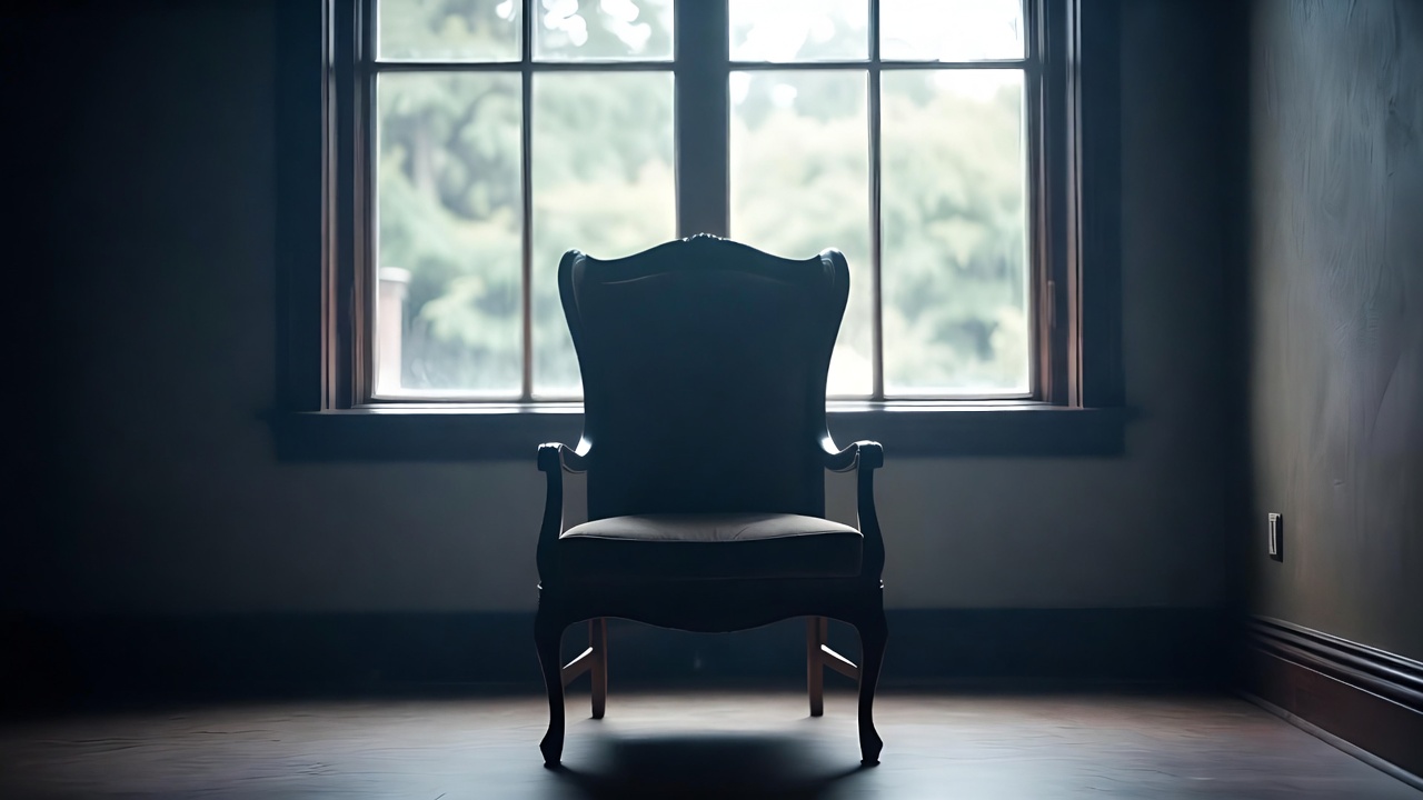 An empty wing-back chair facing a bright window in a dim room.