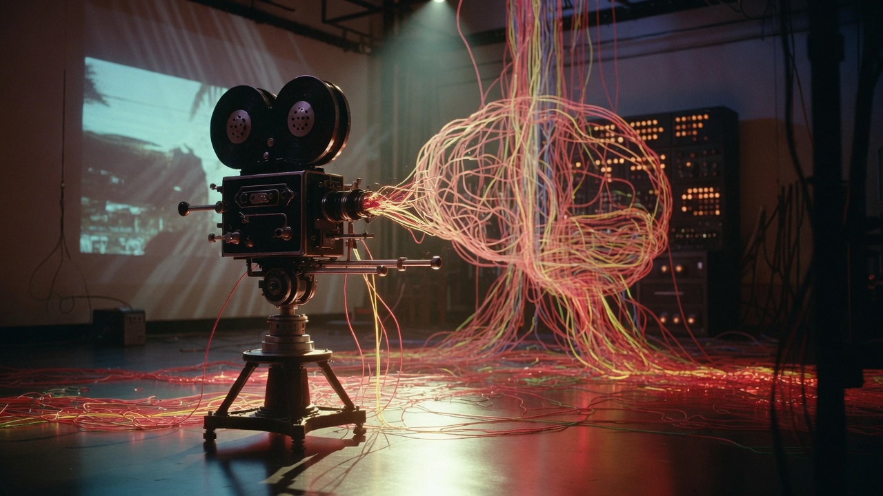 A film camera on a soundstage, its lens spilling a tangle of coloured wires across the floor.
