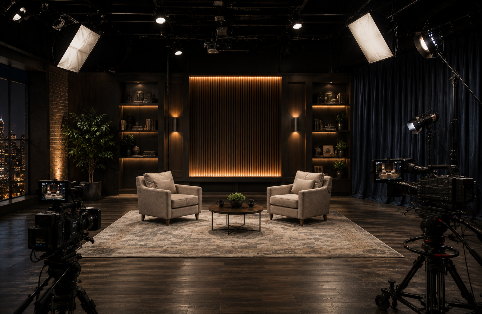 An empty television interview set before taping: two armchairs, a low table, studio lights and cameras, no people.