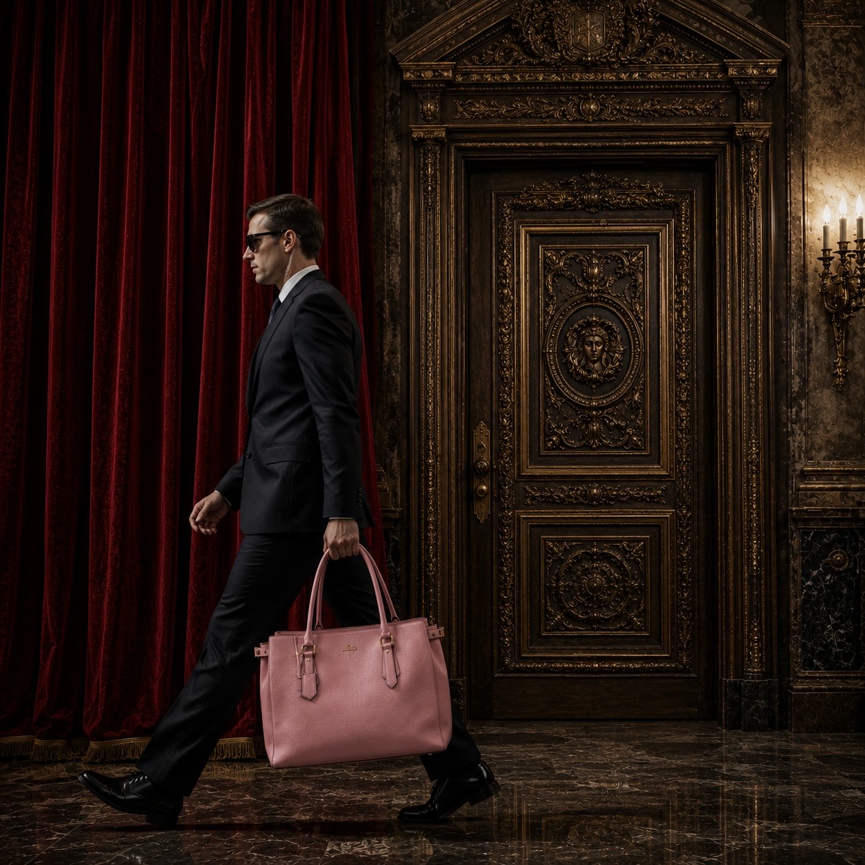 A closed, heavily carved door beside a red curtain, a figure in a dark suit walking past it.