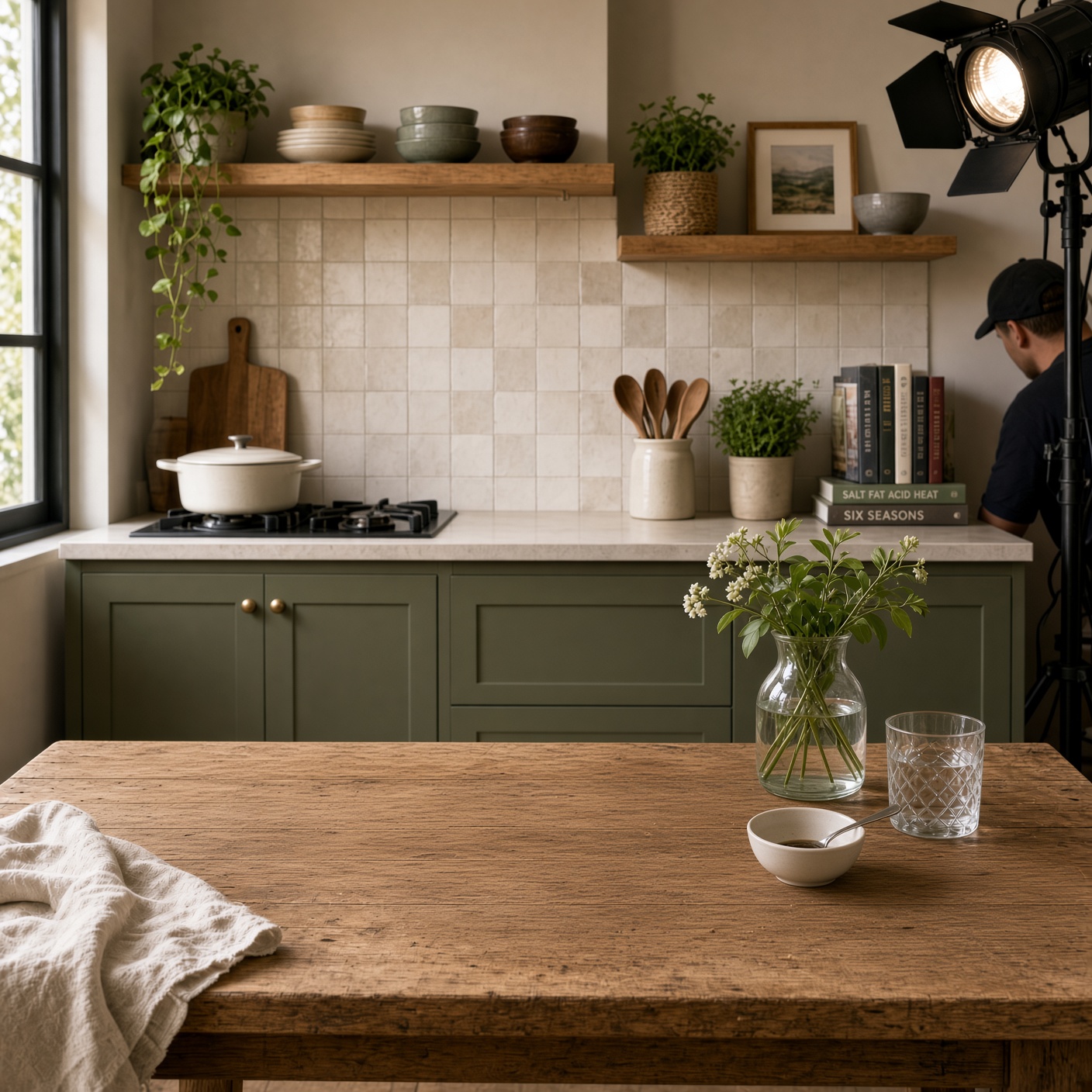 A styled kitchen shot with a scrubbed wooden table in the foreground and a film light and crew member visible at the right edge.