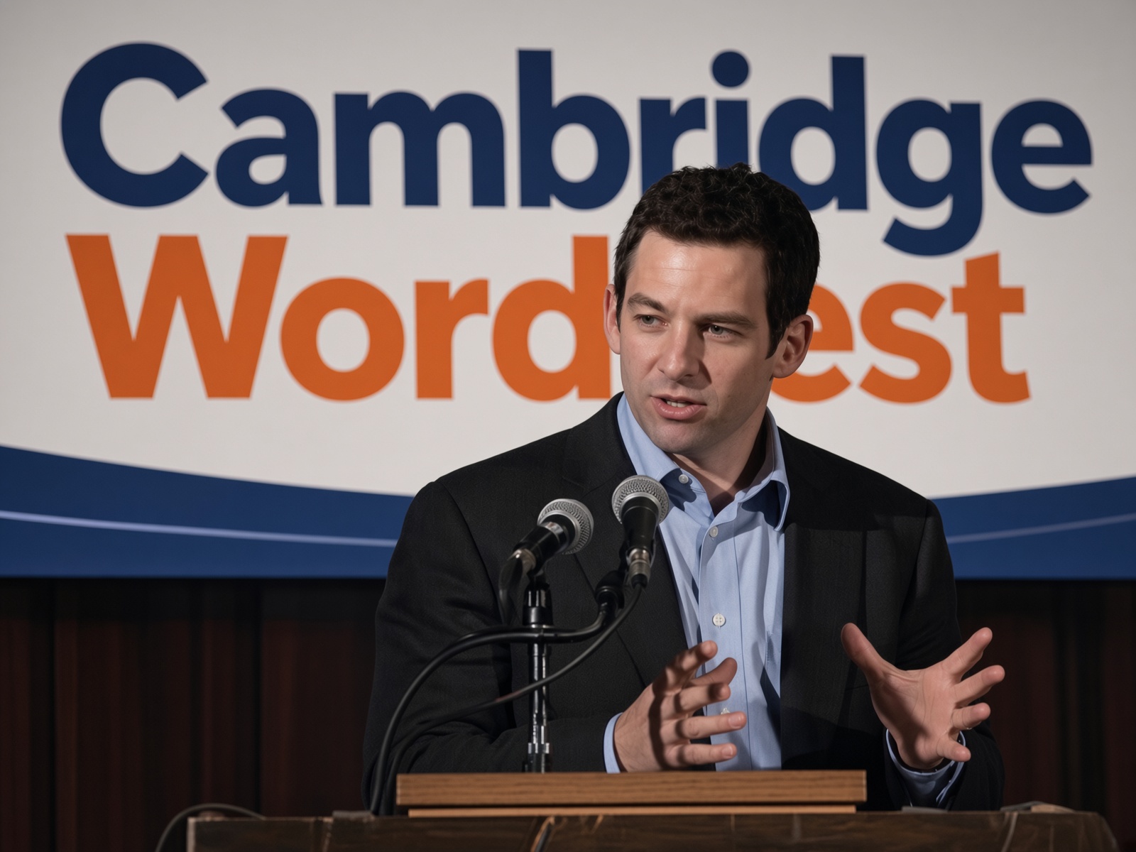 Harris speaking at a lectern at Cambridge Wordfest