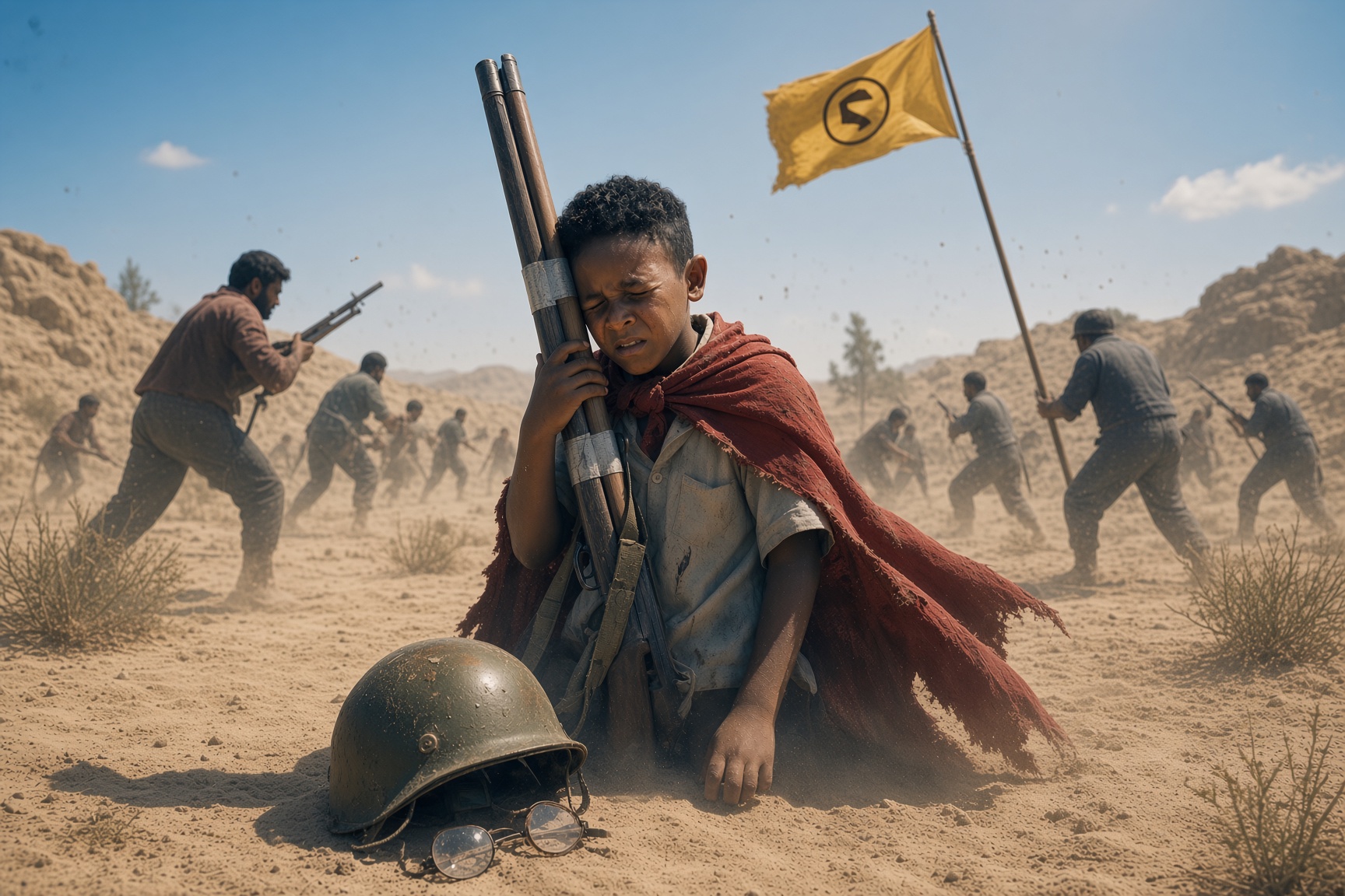 A boy in a torn red cape kneeling in the dust of a battlefield in Jarhanpur.