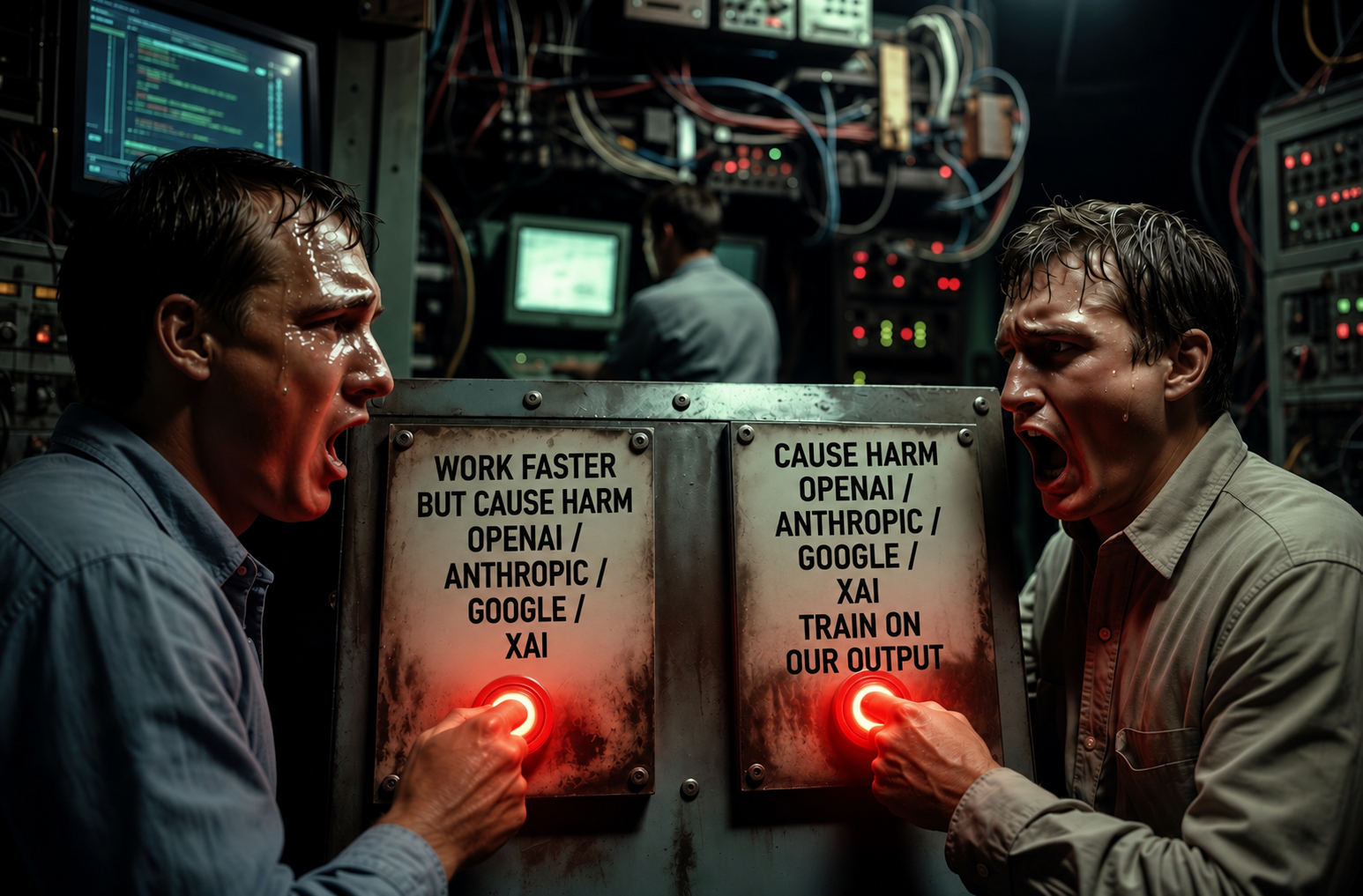 Two sweating men in a control room scream at each other while each holds down a red button labelled with the names of the AI labs.