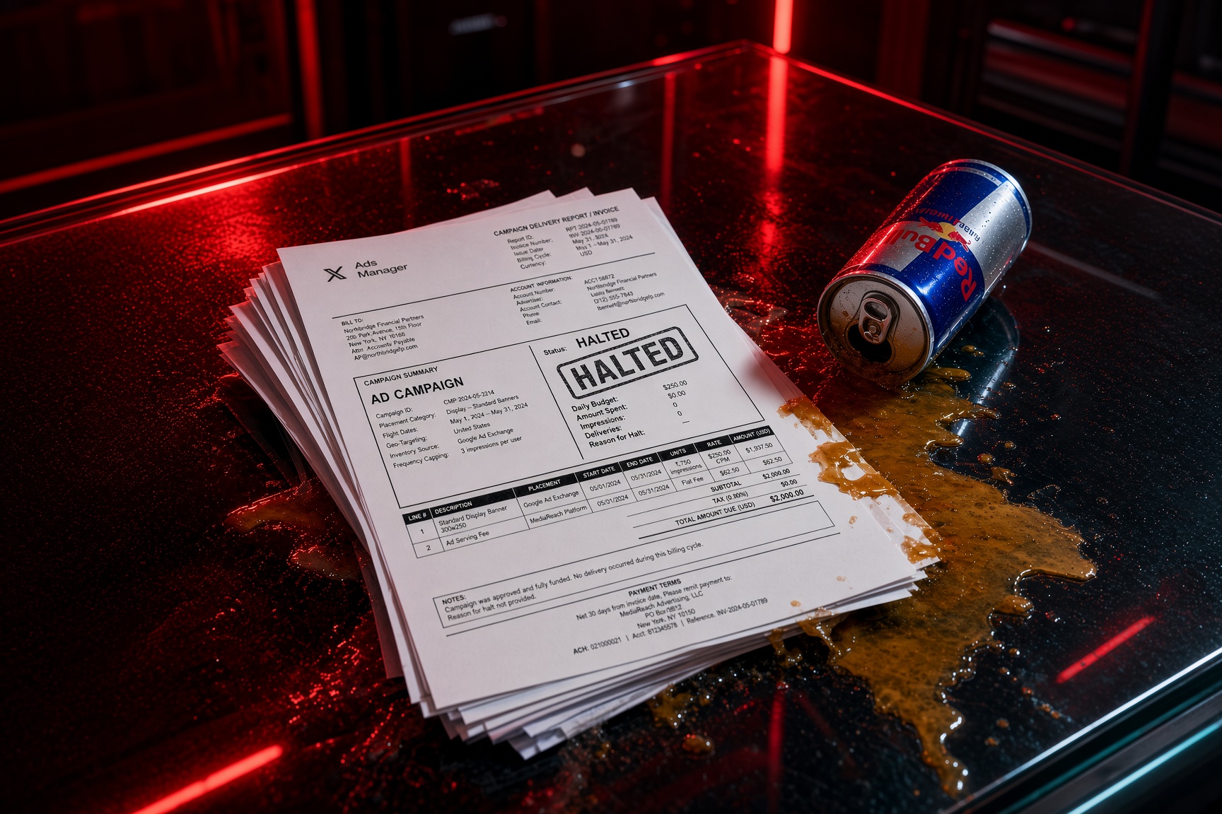 A stack of ad-campaign delivery reports stamped HALTED, with a $250 daily budget and zero deliveries.