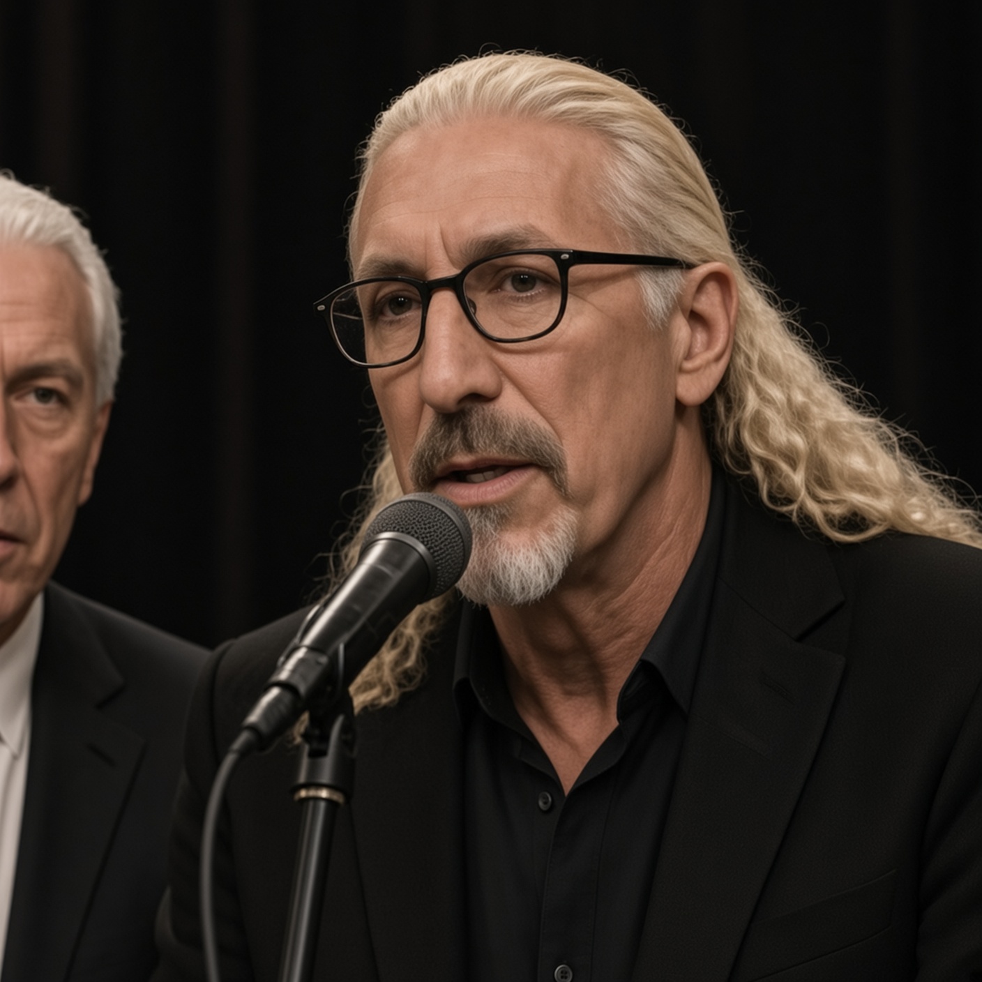 A machine-generated portrait presented as Dee Snider: a confident stranger at a microphone.