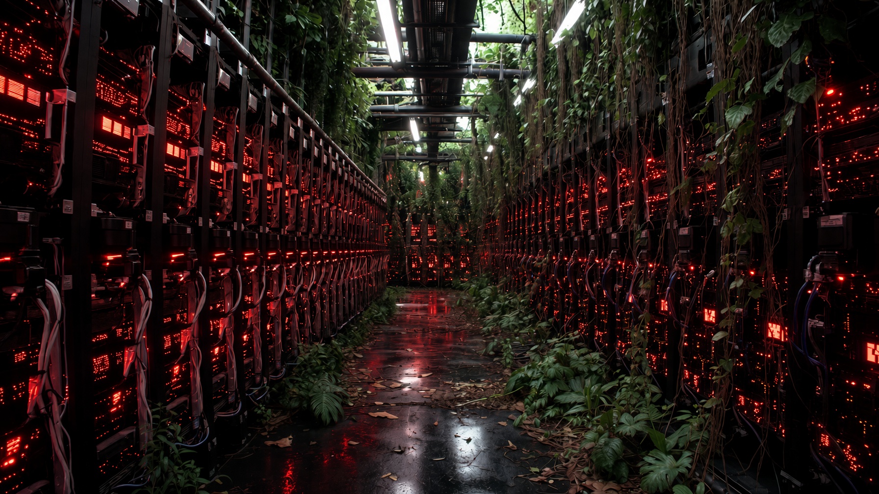A server-farm corridor overgrown with vines and hanging roots, red status lights running the length of both racks.