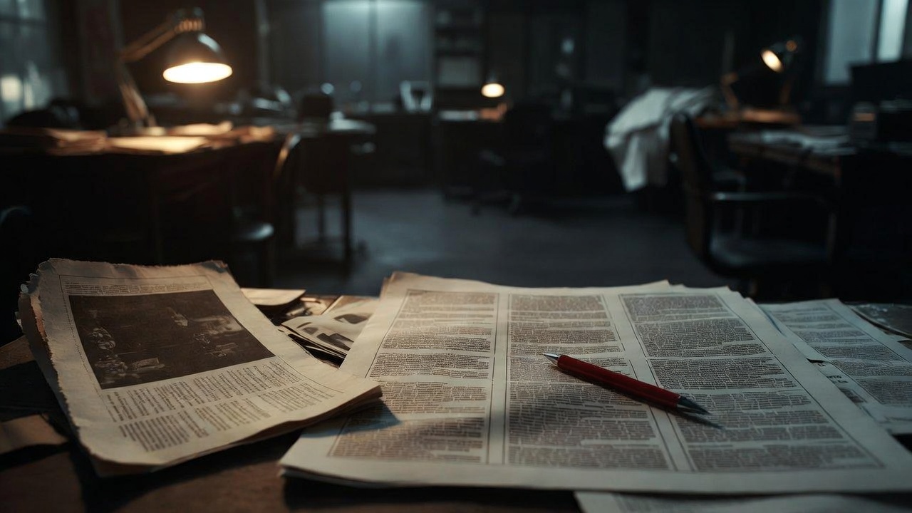 Newspaper proofs spread across a desk in a darkened newsroom, a red pencil laid across them.
