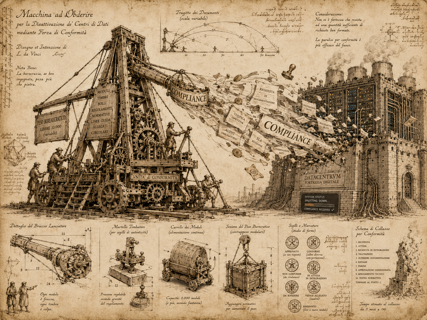 Macchina ad Obderire — a mock Renaissance schematic of a siege machine for enforcing compliance