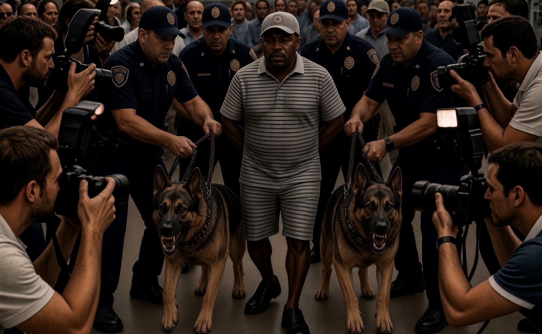 A man in matching horizontal stripes escorted through a crowd of photographers