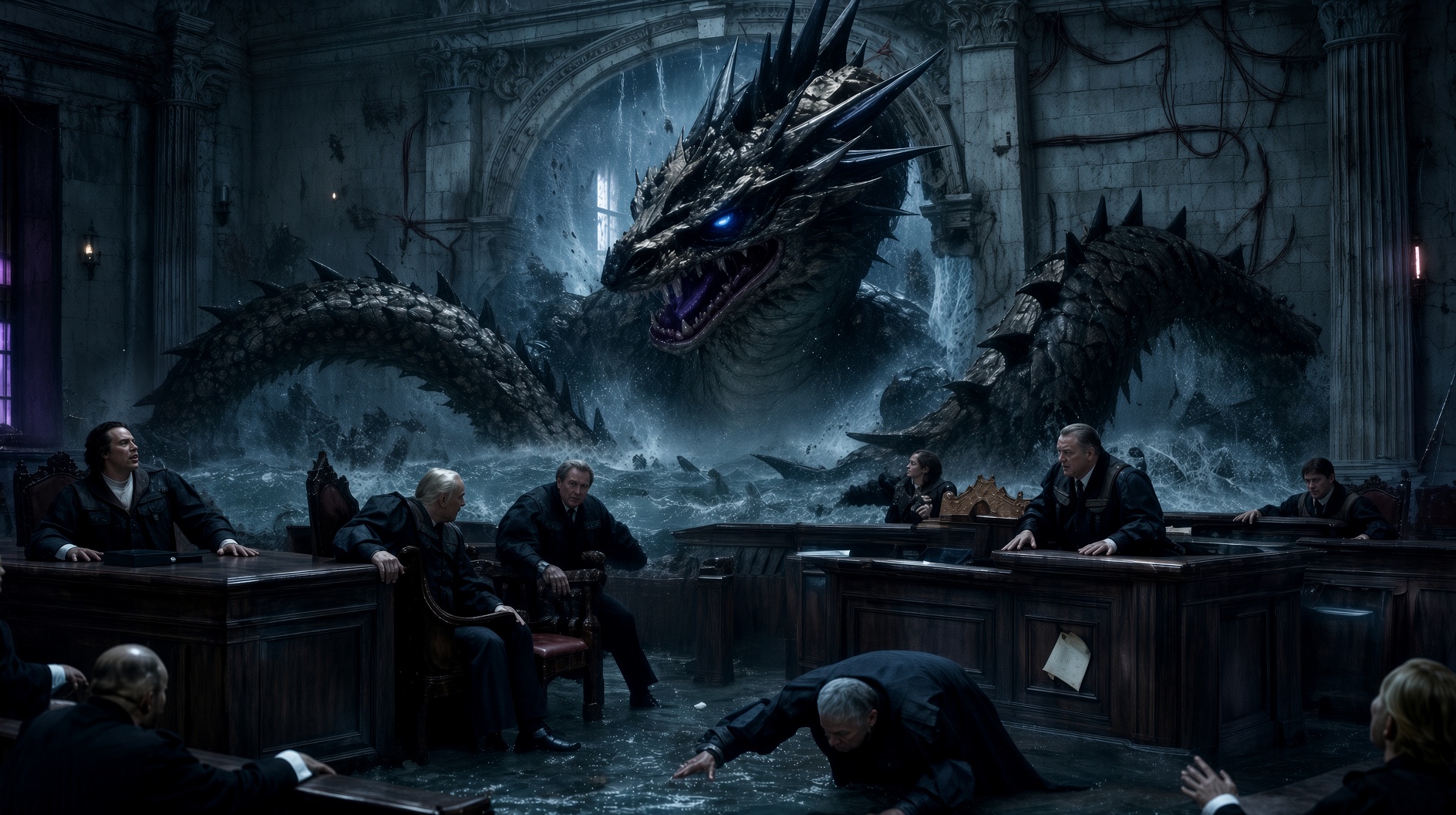 A leviathan looming over a flooded courtroom