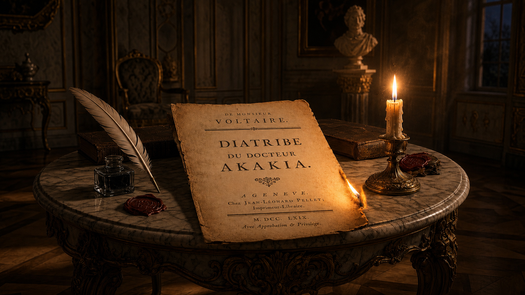 The title page of the Diatribe du docteur Akakia, its corner alight