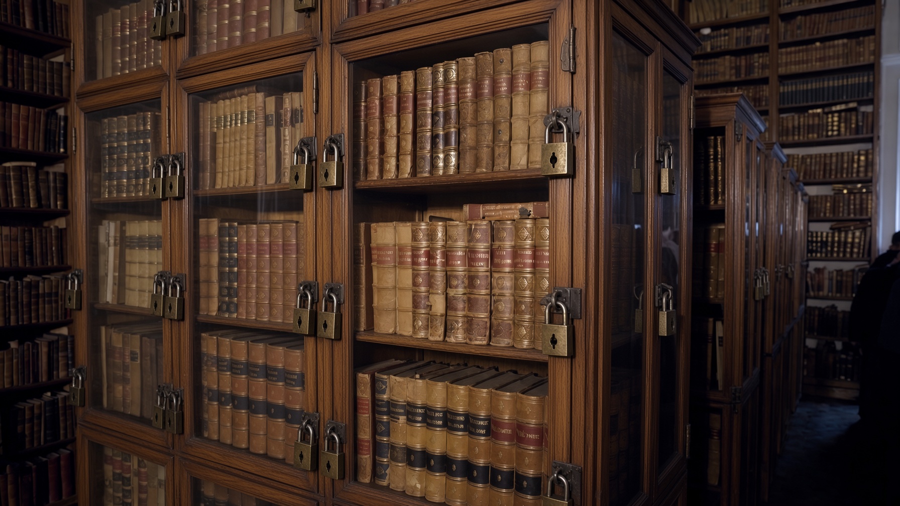 Padlocked glass bookcases of leather-bound volumes