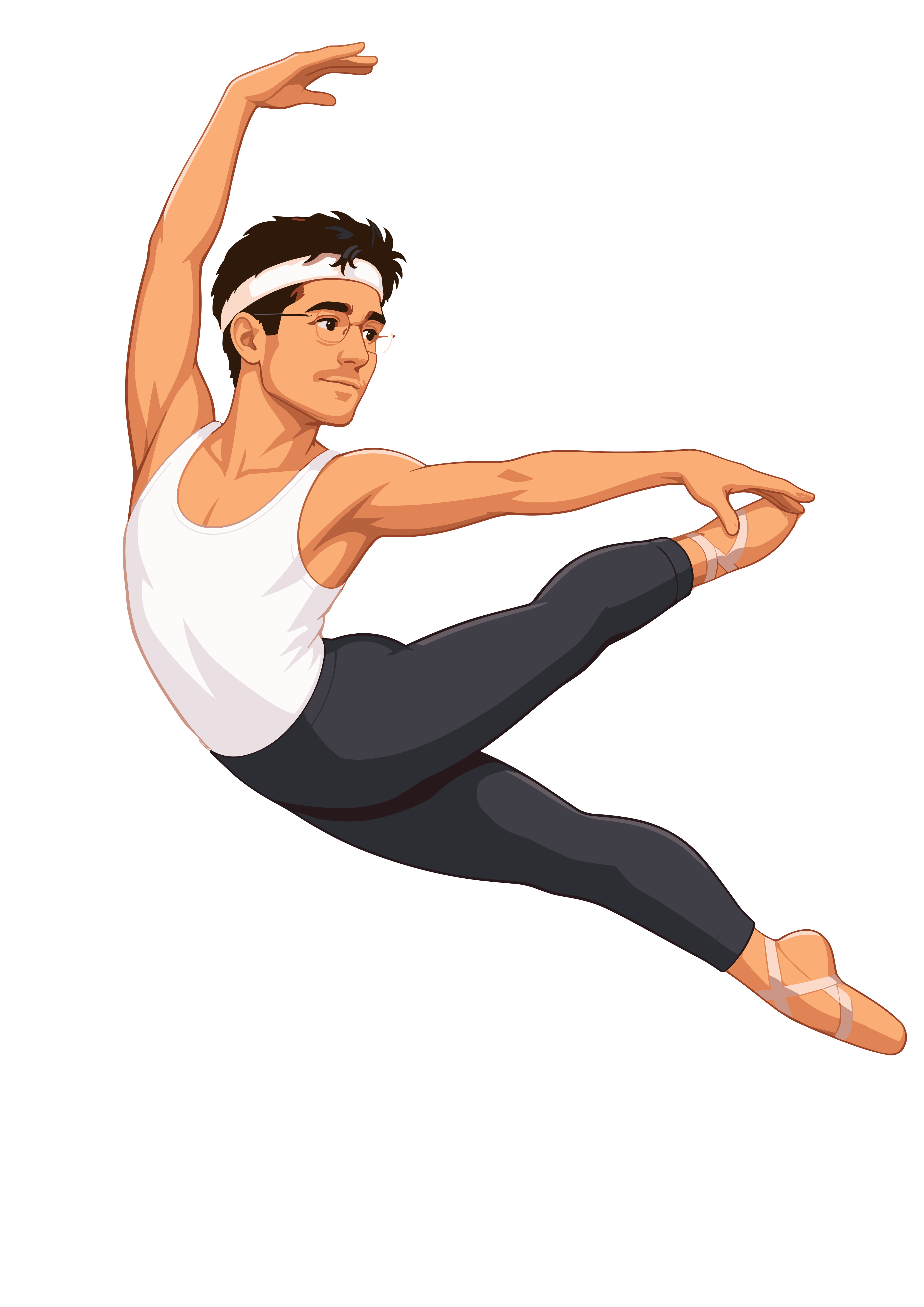 Illustrated dancer mid-air leap split, headband and glasses
