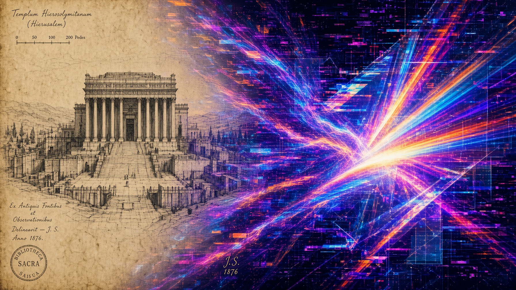 Split collage: archival sketch of the Jerusalem Temple beside neon glitch light refraction