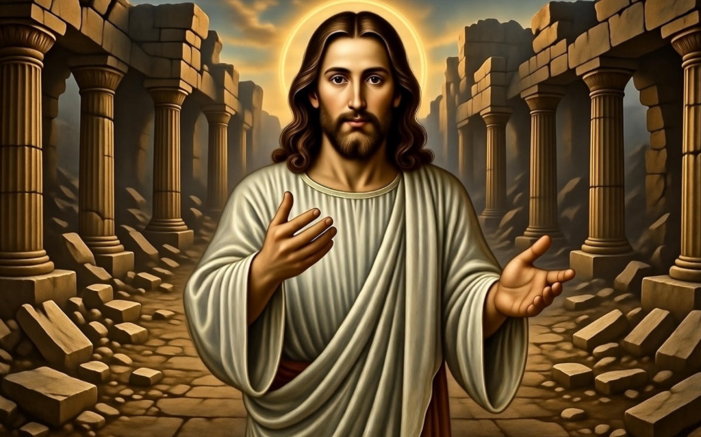 Illustration of Jesus standing among the ruins of a colonnade