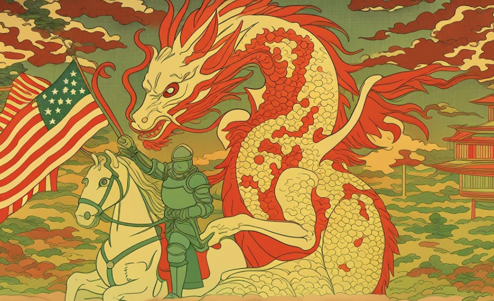 Woodblock-style illustration: an armoured rider carrying a US flag beside a coiled red-and-gold dragon