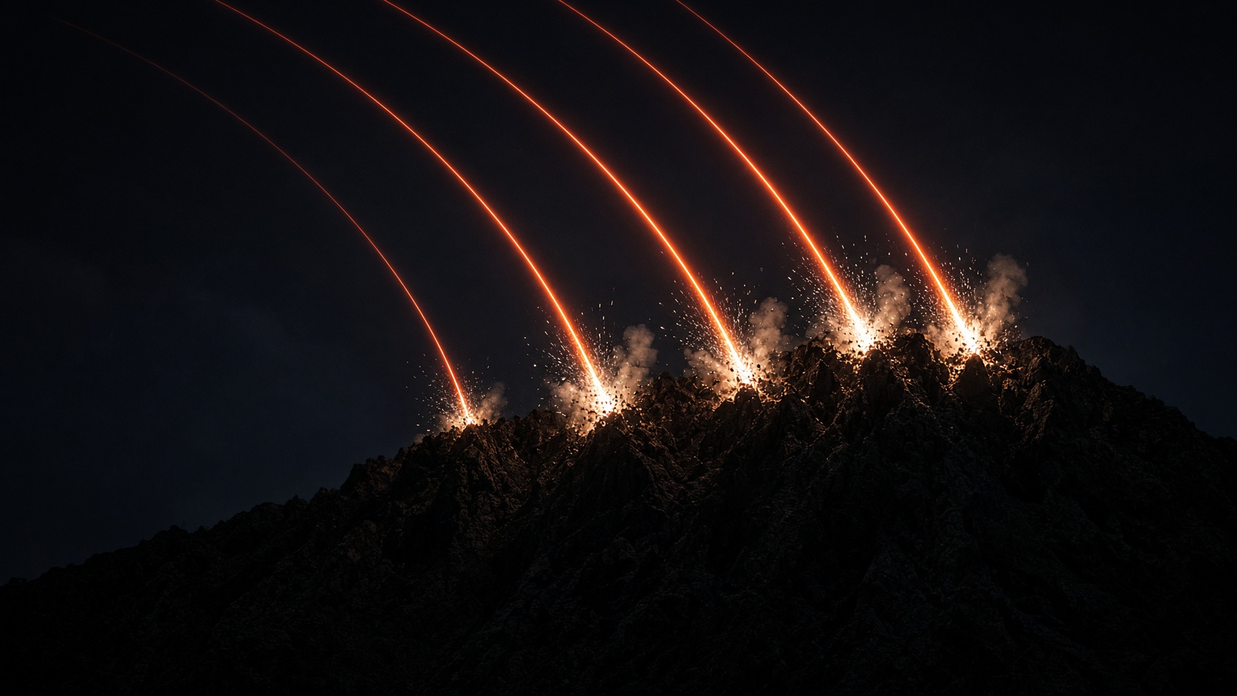 Tracer arcs falling onto a night ridgeline
