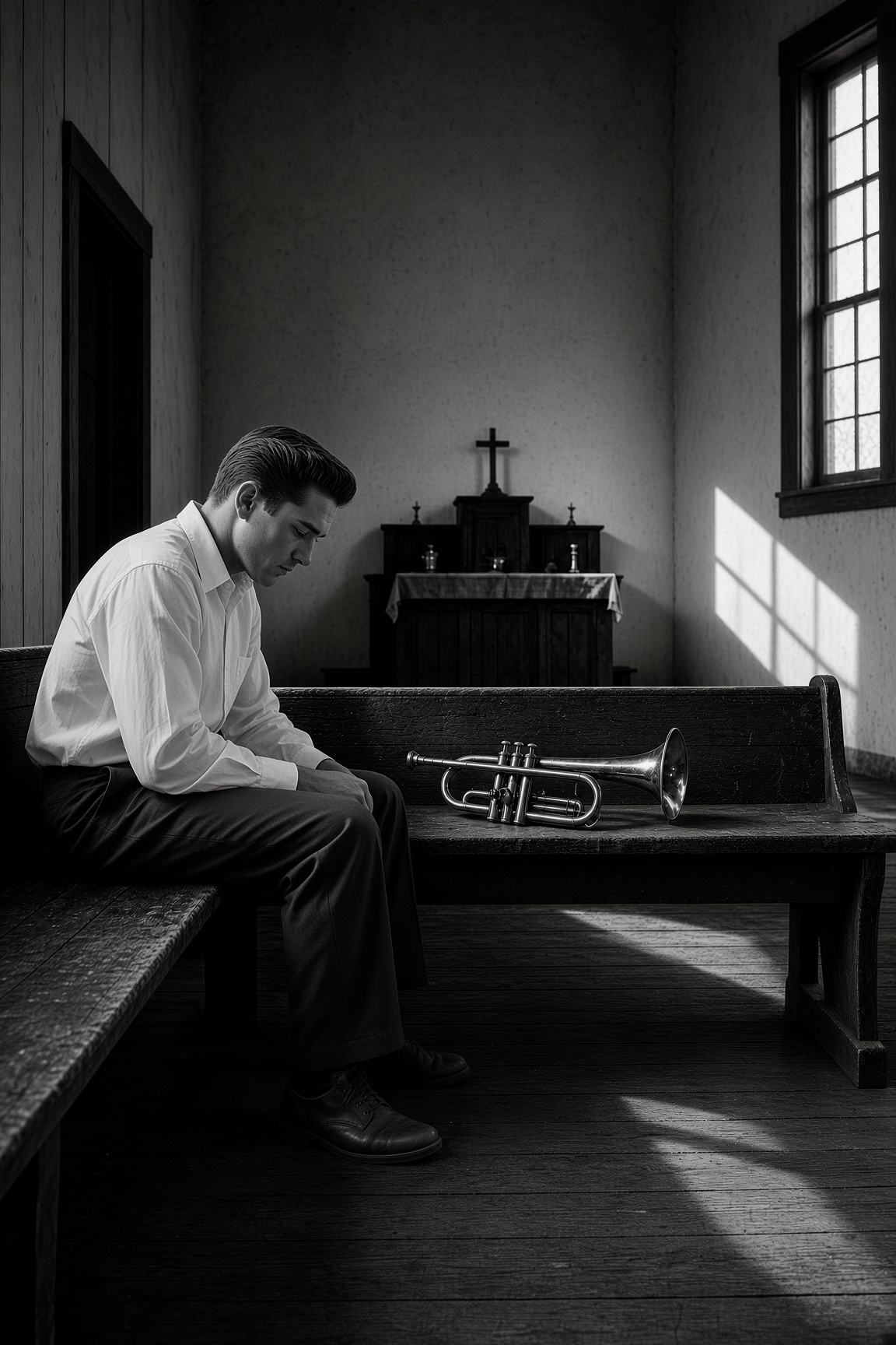 A bugle laid on a chapel pew beside a seated man