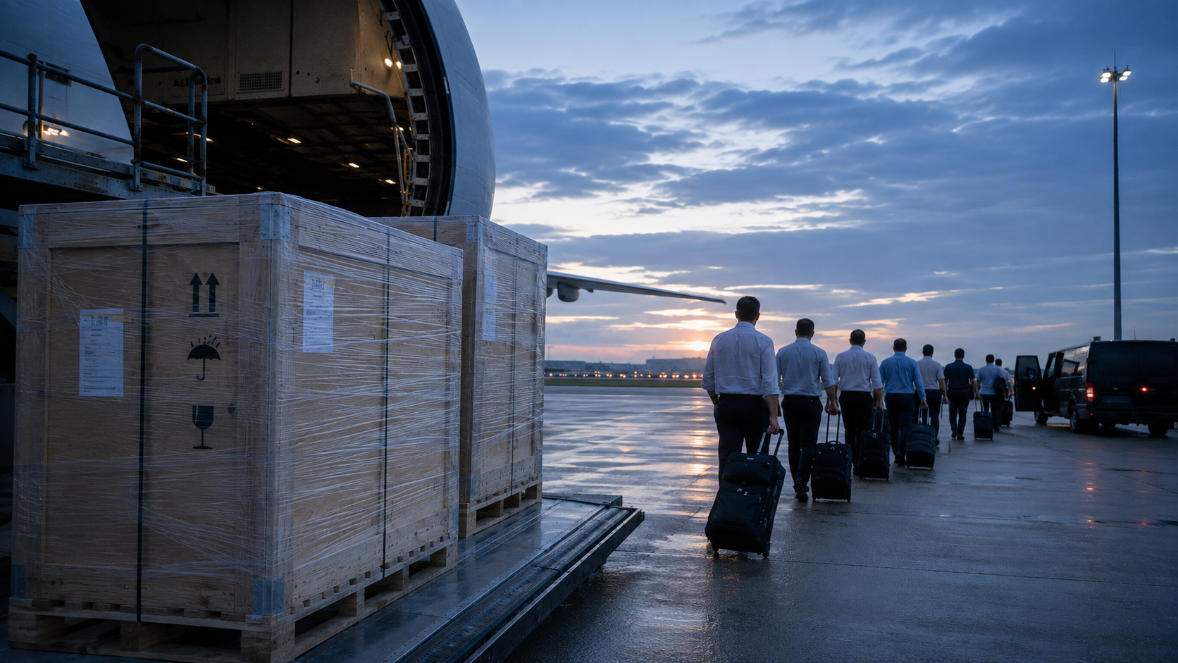 Crates of precision machinery under shrink wrap on a tarmac.