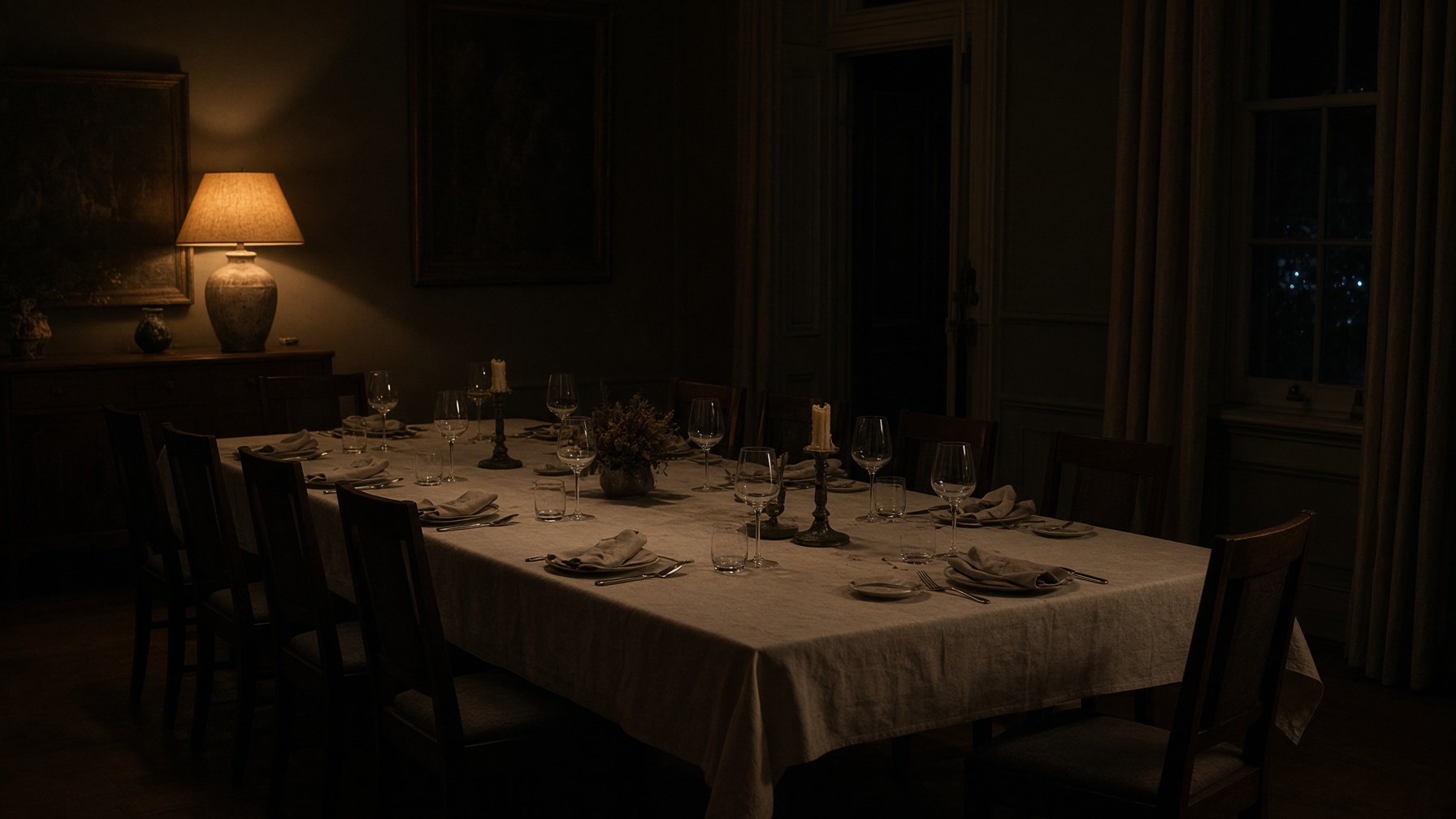 A long private dining table, storm light in the windows.