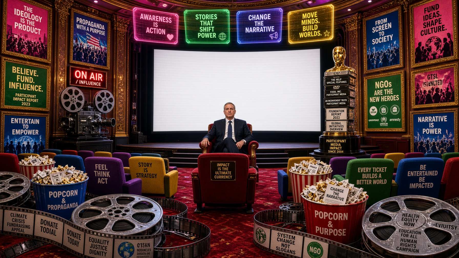 A cinema dressed as an impact campaign, house lights up, screen blank.