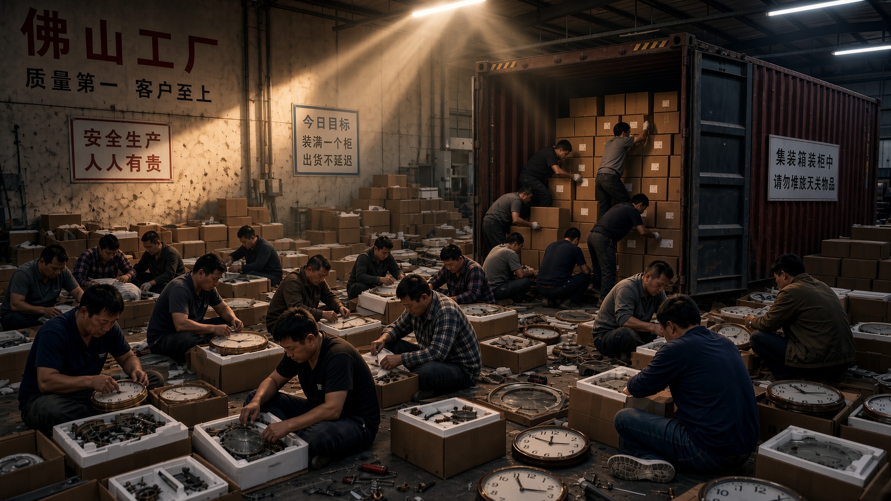 A working factory floor with no tables: work on crates, on the floor, in laps.