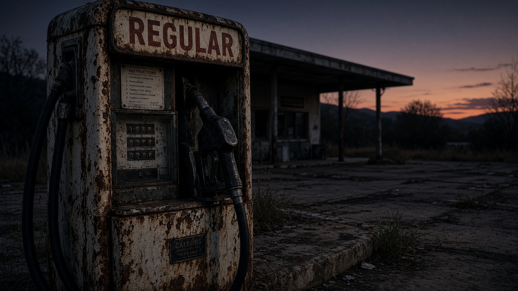 A disused service-station pump at dusk.
