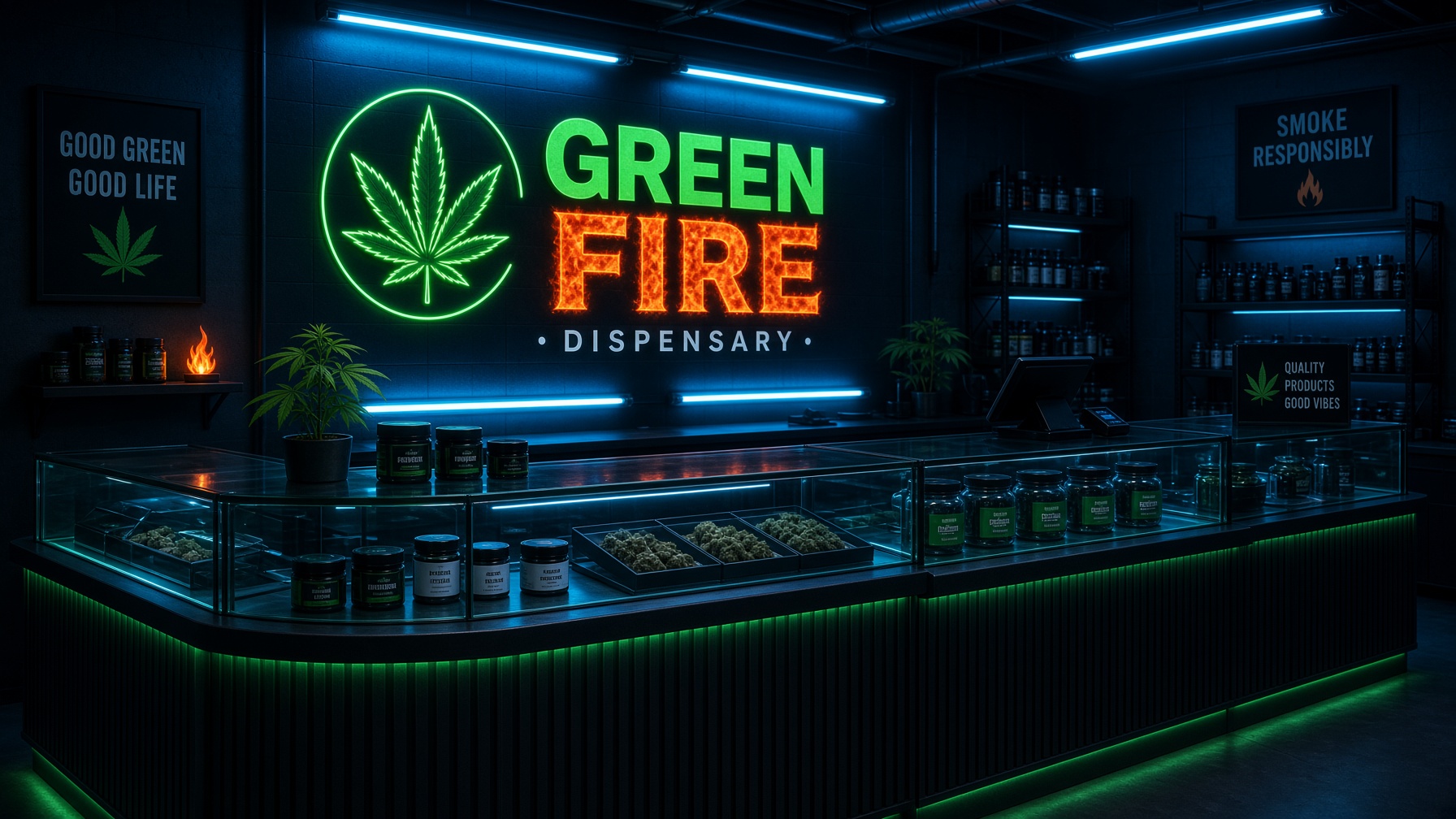 Dispensary counter under fluorescent light