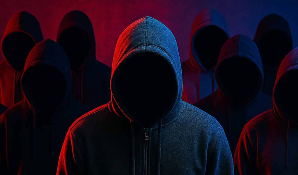 Hooded figures in red and blue light
