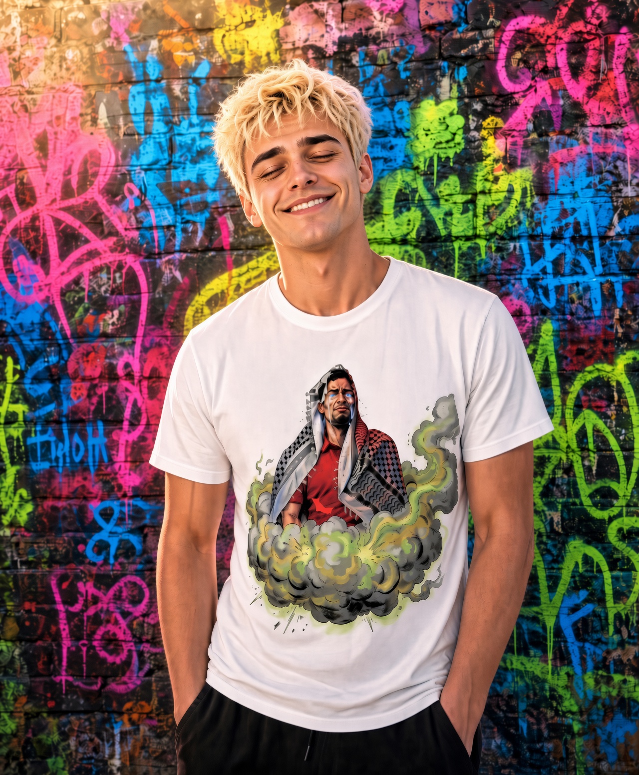 A model wearing the white Sneako in Floating Magic Fart tee against a graffiti wall